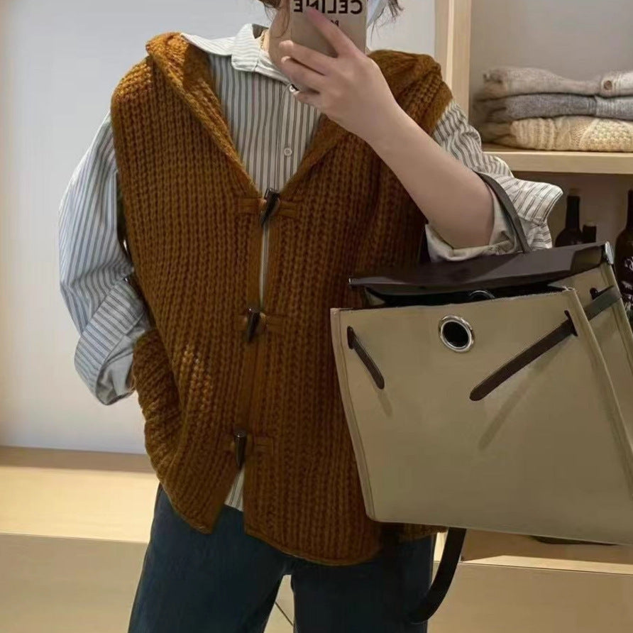 Solid Color Thick Needle Hooded Vest Knitted Cardigan