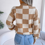 Street Style Color Block Plaid Long Sleeve Pullover Knit Sweater