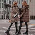 Over-the-knee Cotton-padded Coat With Leopard Print Stylish Outerwear In A Domineering Lady Style