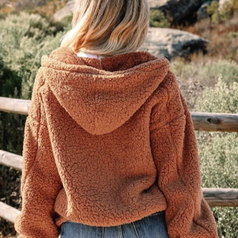 Straw Yellow Zipper Hooded Sherpa Jacket