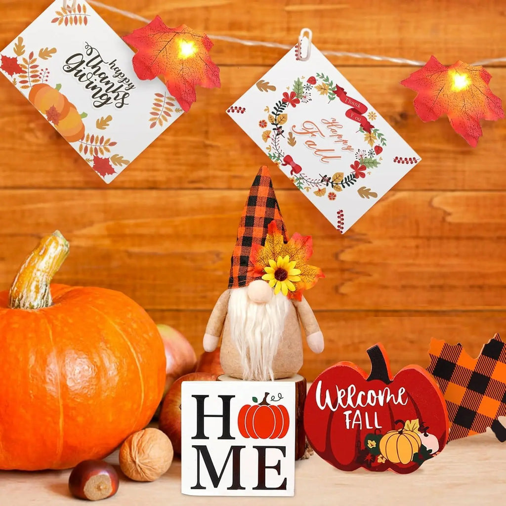 Fall Gnome Tiered Tray Decorations Set Farmhouse Pumpkin Decor Autumn Maple Leaf Table Centerpieces With Fall String Lights Thankgiving Day Fall Greeting Card Autumn Harvest Decorations Clearance Sale - The Premium