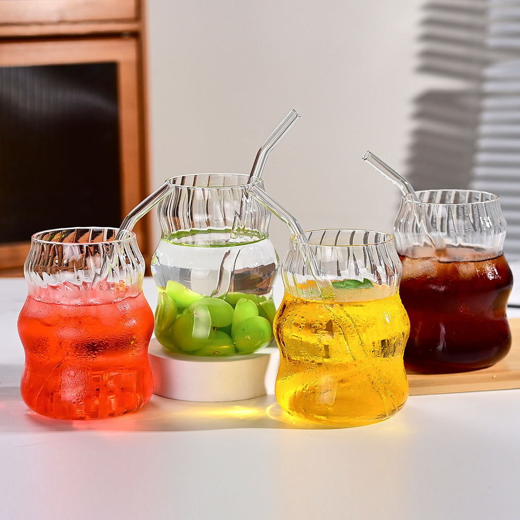 6 Pcs 19 Ounce Glass Straw Cup, Coffee Cup, Milk Cup, Juice Cup, Cold Drink Cup, Tea Cup, Water Cup, Office Cup, Striped Cloud Cup