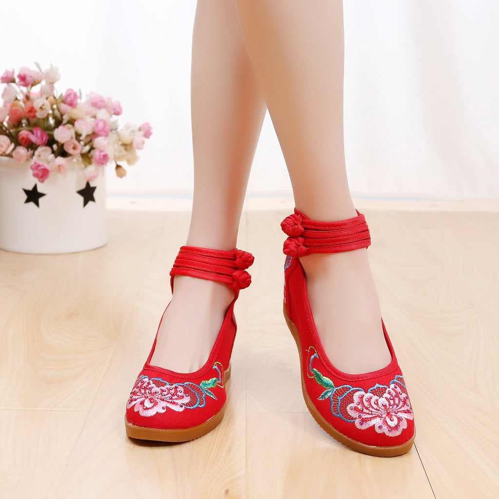 Women's Rhinestone Ethnic Style Double Buckle Canvas High Heels