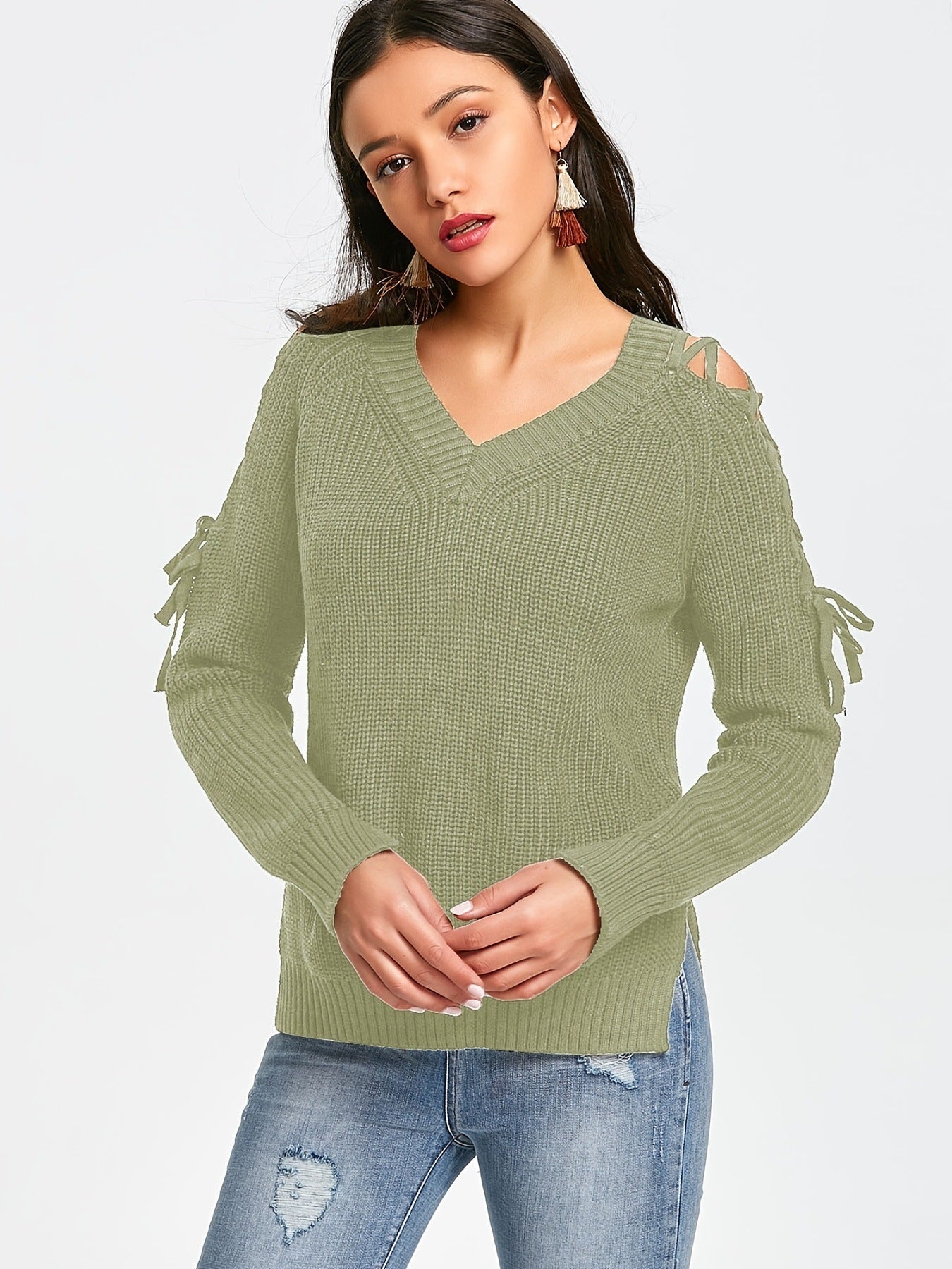 Hollow Knit Sweater Women Long Sleeve Tie Loose V-neck