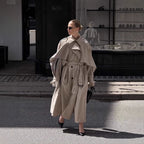 Women's Long Khaki Belted Cape Trench Coat