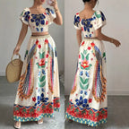 Printed Casual Vacation Bohemian Short-sleeved Top And Long Skirt Ladies Set