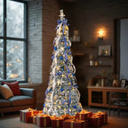7 FT Snow Flocked Pre-lit Artificial Pop Up Christmas Tree With 200 Warm Lights And Blue & Silver Ornaments For Home Office Store Holiday Deco - The Premium
