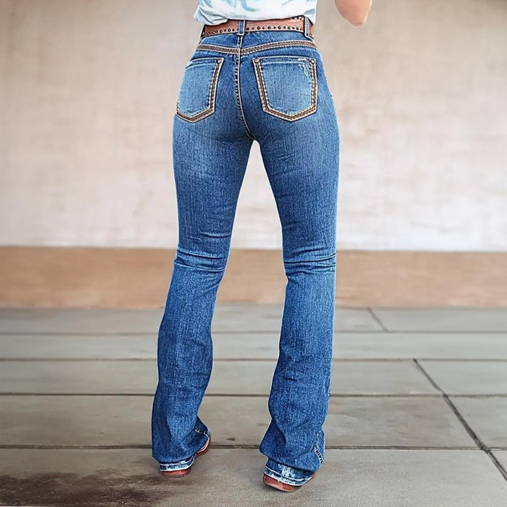 Women's Classic Western Bootcut Jeans, Mid-Rise Stretch Denim With Tooled Leather Style Trim On Waist & Pockets, Cowgirl Pants
