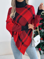 Casual Color Block Plaid High Neck Long Sleeve Poncho Sweater