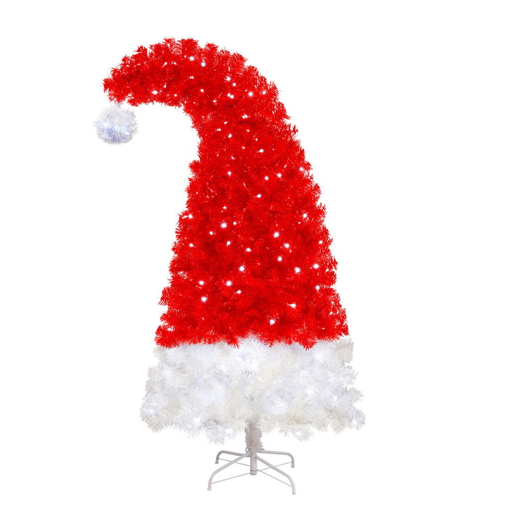 6FT Artificial Christmas Tree With LED Light, Santa's Hat Shape Artificial Whimsical Xmas Tree With 1050 Tip, Curved Xmax Tree - The Premium