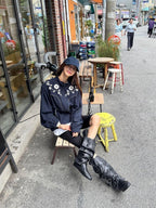 Contrast Color Jacquard Design Loose Casual Long Sleeves Jacket Coat