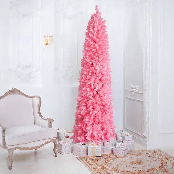 7.5 FT Hinged Christmas Tree, Artificial Pencil Christmas Tree, Unlit Artificial Christmas Pine Tree With 1075 Branch Tips And Sturdy Stand, Pink - The Premium