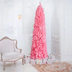 7.5 FT Hinged Christmas Tree, Artificial Pencil Christmas Tree, Unlit Artificial Christmas Pine Tree With 1075 Branch Tips And Sturdy Stand, Pink - The Premium