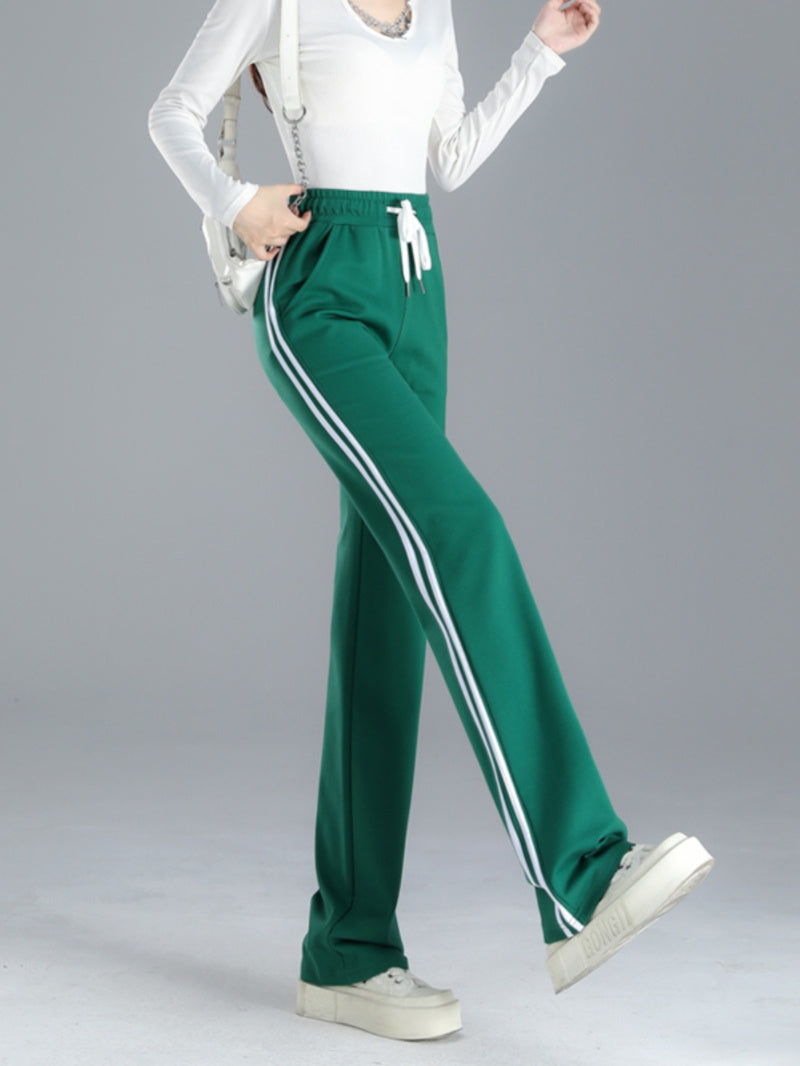 Straight-leg Sweatpants, Black And White Striped, Double-stripe, High-waisted, Wide-leg Drape Pants