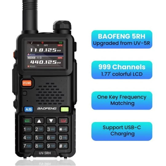 BAOFENG UV-5RH 10w GMRS Ham Radio With Long Range Walkie Talkies, Multifunctional Use, USB-C Charging, 999 Channels, Colorful LCD Display, Audio Produces