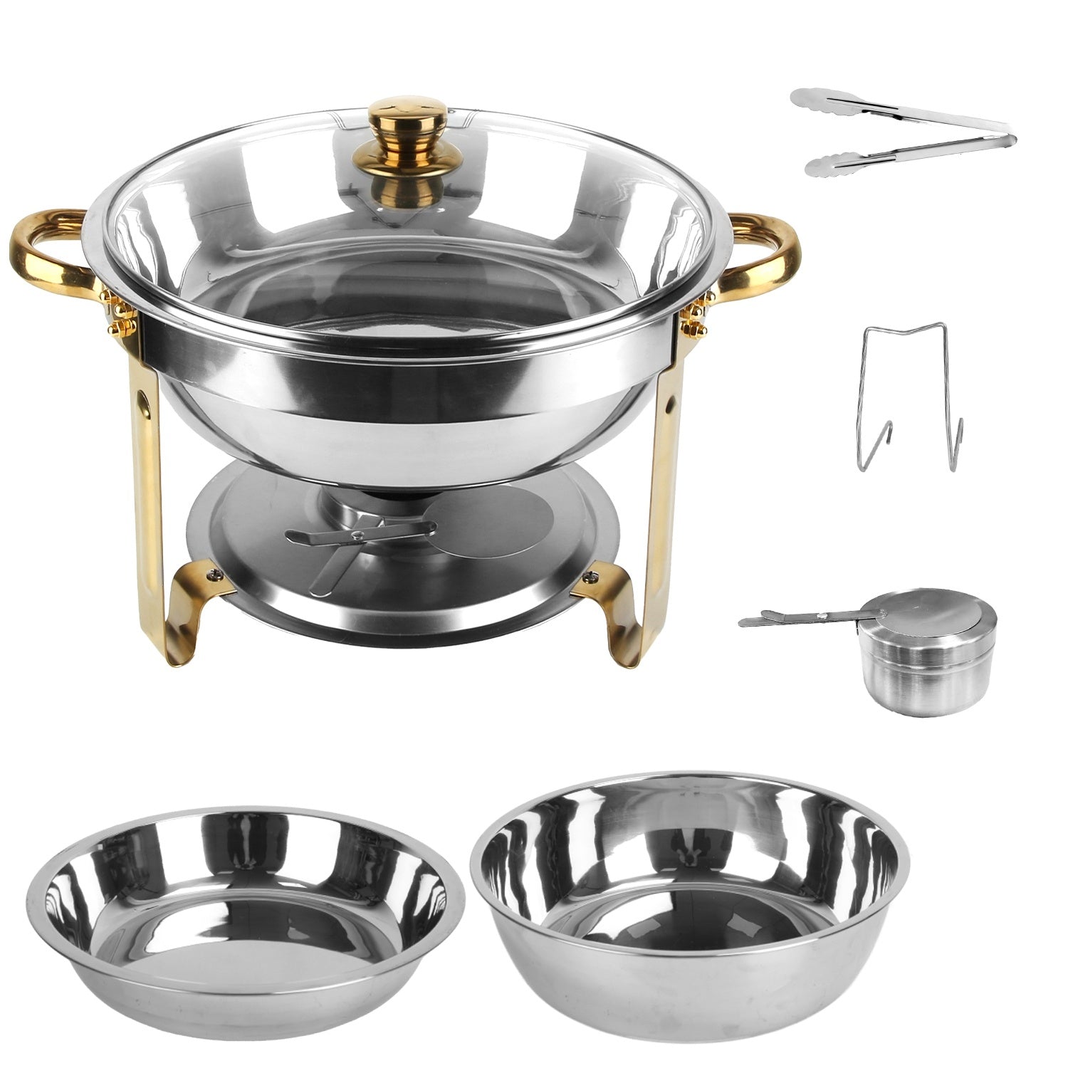 4Pcs Chafing Dish Buffet Set 4.76QT Round Buffet Servers Food Warmer Stainless Steel Catering Chafer With Glass Lid For Warming Cooling Gatherings Banquets Buffets Party Wedding