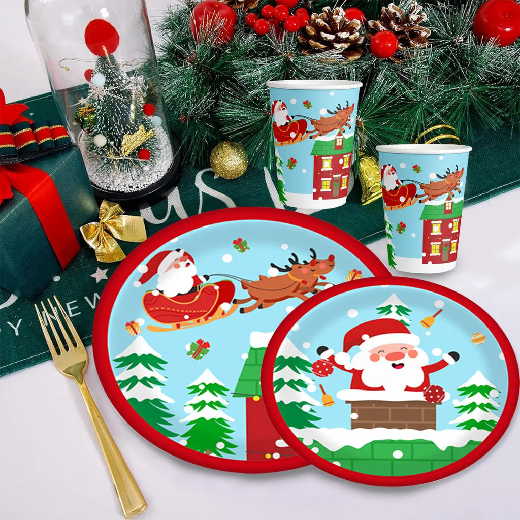 Christmas Paper Plates And Cups Set Decorations For 10 Guests Santa Claus Elk Pattern Plates And Cups For Winter Holiday Christmas Party Decorations - The Premium