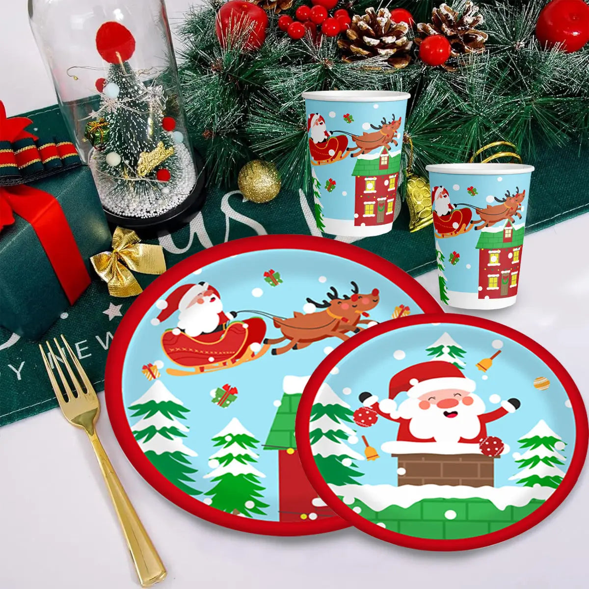 Christmas Paper Plates And Cups Set Decorations For 10 Guests Santa Claus Elk Pattern Plates And Cups For Winter Holiday Christmas Party Decorations - The Premium