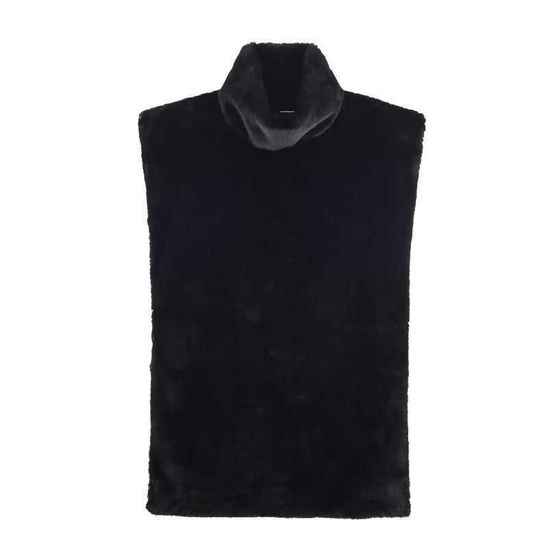 Casual Versatile Solid Color Half-turtle Neck Furry Sleeveless Top Women
