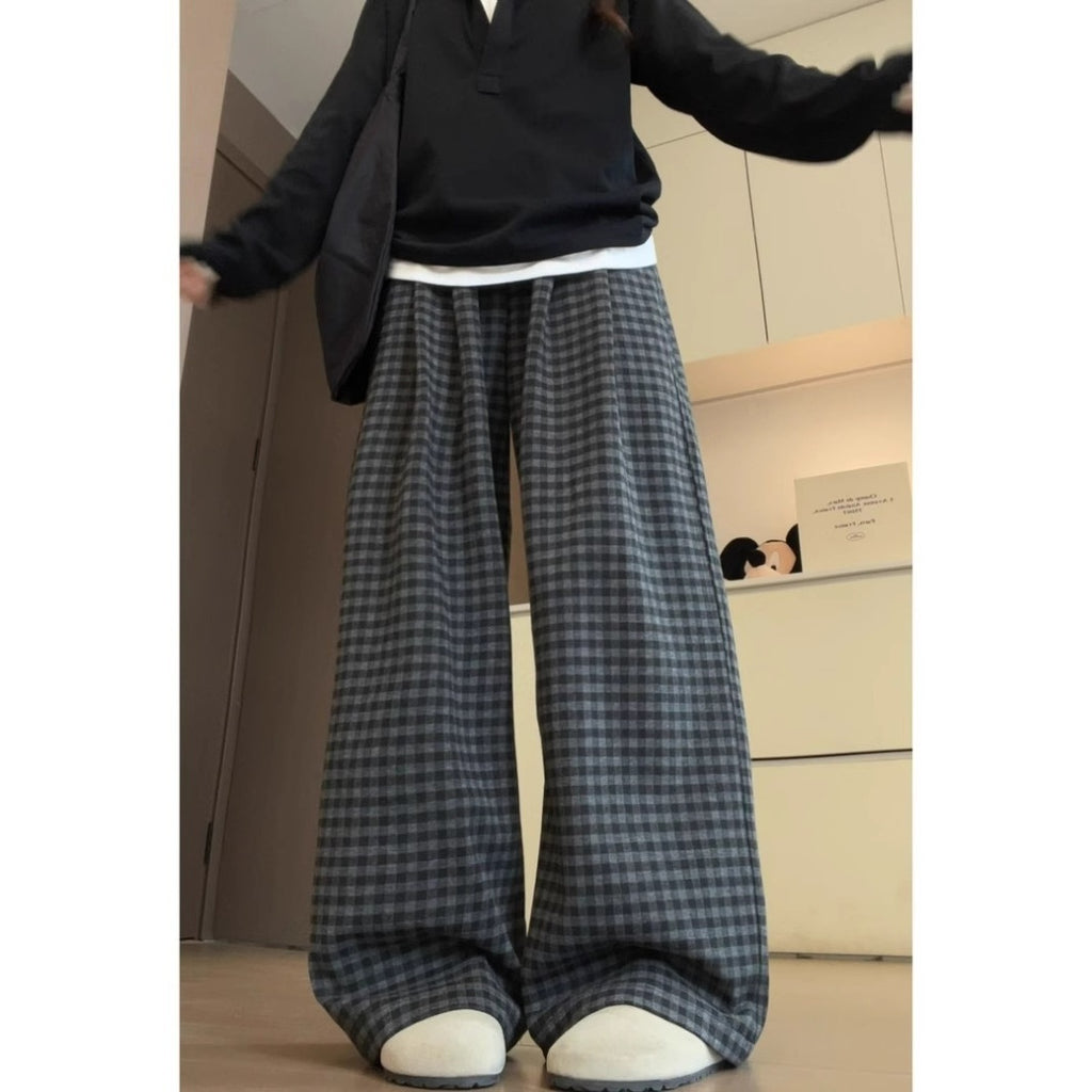 Loose And Versatile Fleece Plaid Wide-leg Pants For Women