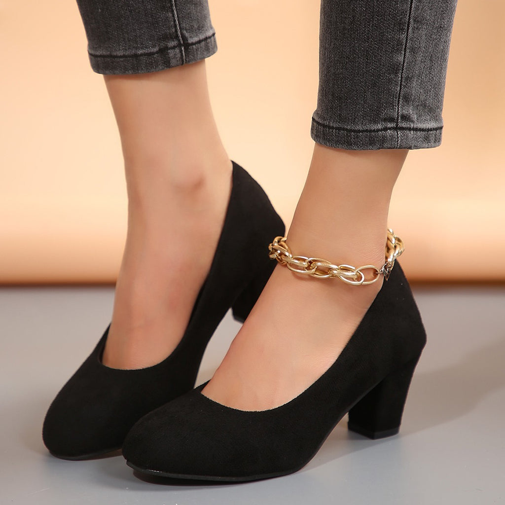 Autumn New Shallow Round Toe Thick Heel Slip-on Elegant High Heels
