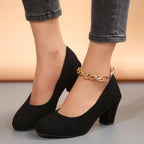 Autumn New Shallow Round Toe Thick Heel Slip-on Elegant High Heels