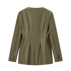 Women's Long-sleeved V-neck Leather Jacket