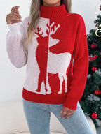 Color Block Deer Lantern Sleeve Turtleneck Pullover Sweater