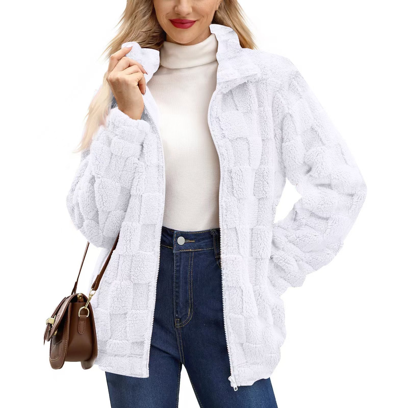 Women's Zipped Stand Collar Loose Jacquard Square Plaid Plush Coat