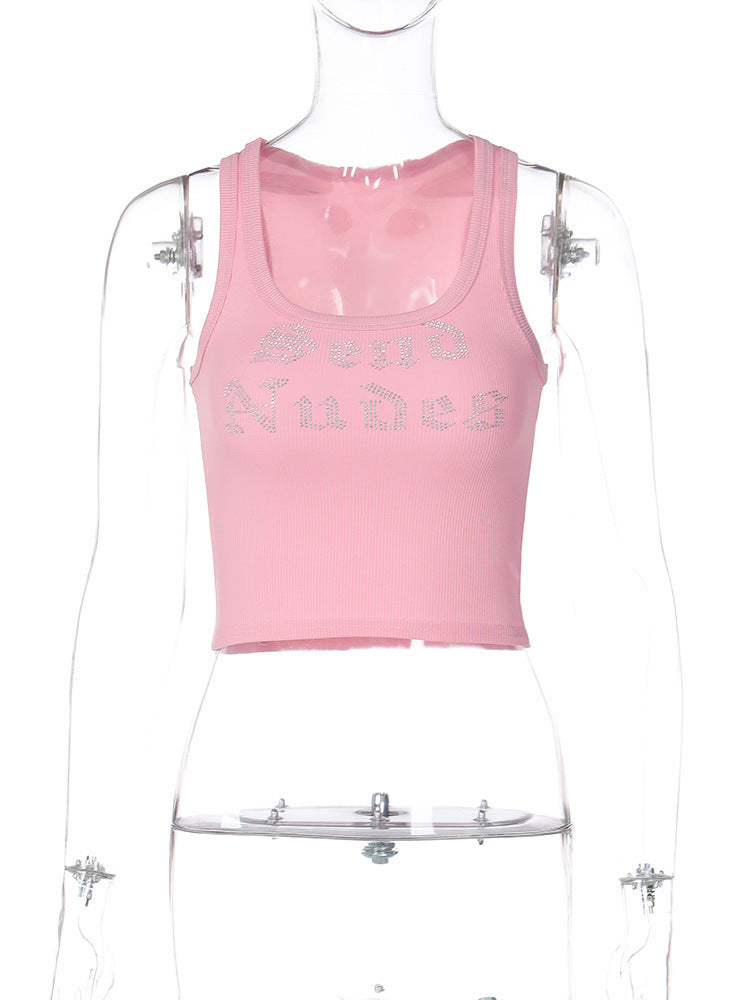 Fashion Casual Letter Rhinestone Short Vest For Women