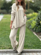 Solid Color Split Casual Wide-leg Pants Round Neck Long Sleeve