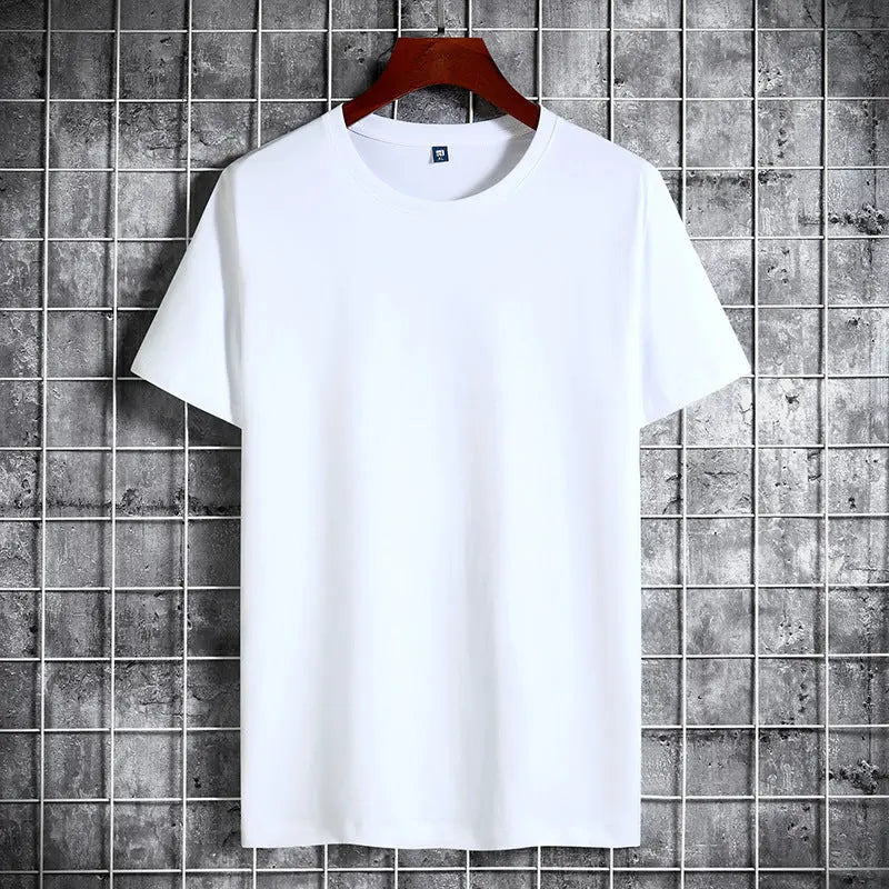 Cotton Short Sleeve T-shirt Men's Pure Color All-matching Round Neck Lycra Elastic Plus Size - The Premium