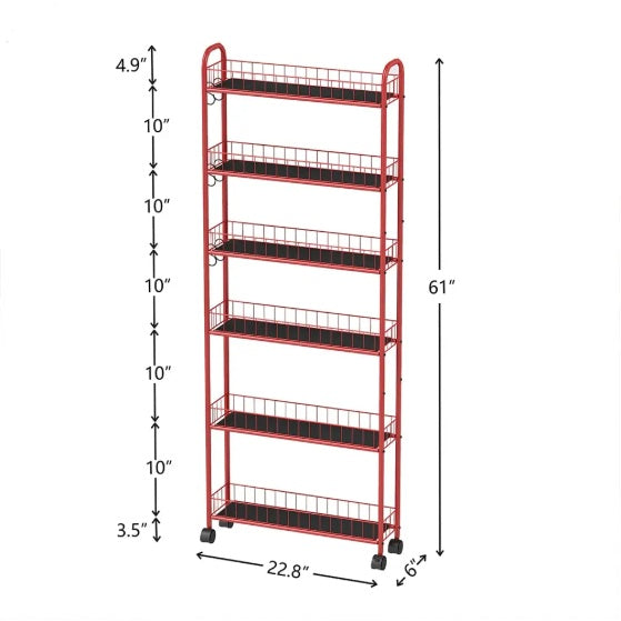 6-Tier Rolling Cart Gap Kitchen Slim Slide Out Storage Tower Rack With Wheels,Baskets,6 For Kitchen,Bathroom Laundry Narrow Piaces Utility Cart,Red