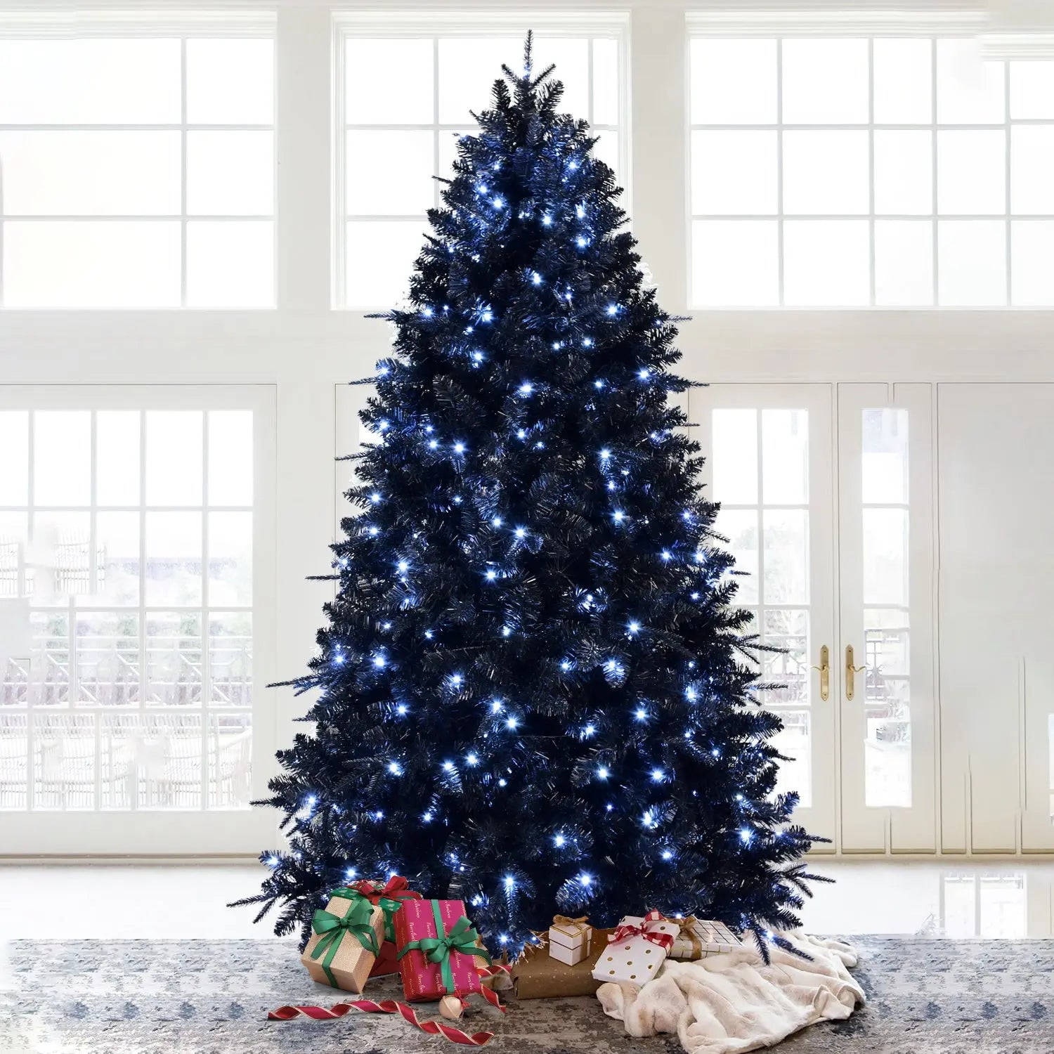 7-Foot Decorative Black Halloween Christmas Tree Artificial Holiday Decoration For Home, Office, And Halloween Parties. Includes 1,916 Branch Tips, 450 Lights, Metal Hinges, And A Foldable Base. - The Premium