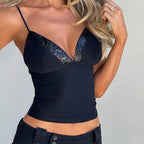 Sexy Lace Stitching Deep V-neck Slim Fit Backless Sling