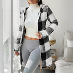 Women's Long Sleeve Plaid Long Hooded Sherpa Coat, Soft Fleece Lined Jacket With Pockets For Winter