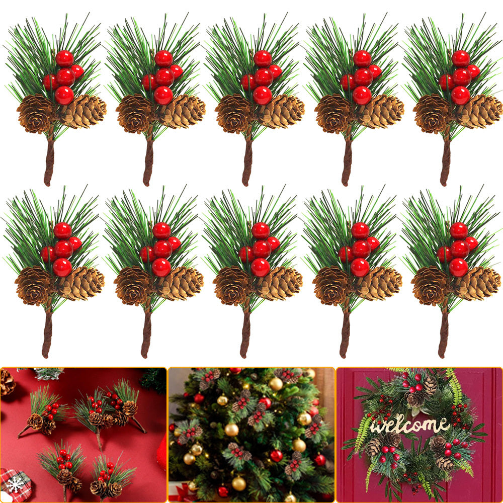 10Pcs Christmas Artificial Pine Picks Christmas Simulation Pine Needle Fake Mini Berries Pinecones For DIY Garland Flower Arrangements Holiday Wreaths Wedding Garden Xmas Tree Decorations - The Premium