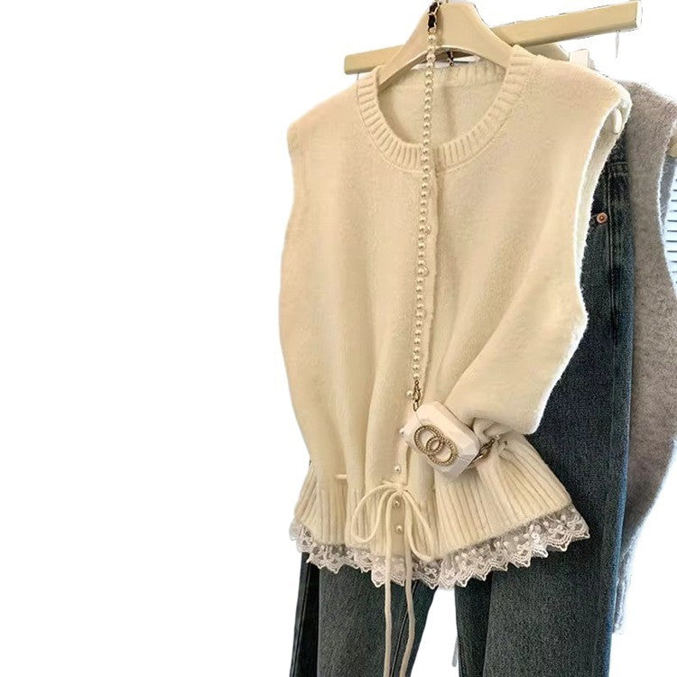 Lace Edge Stitching Soft Glutinous Lace-up Waist-tight Short Temperament Vest