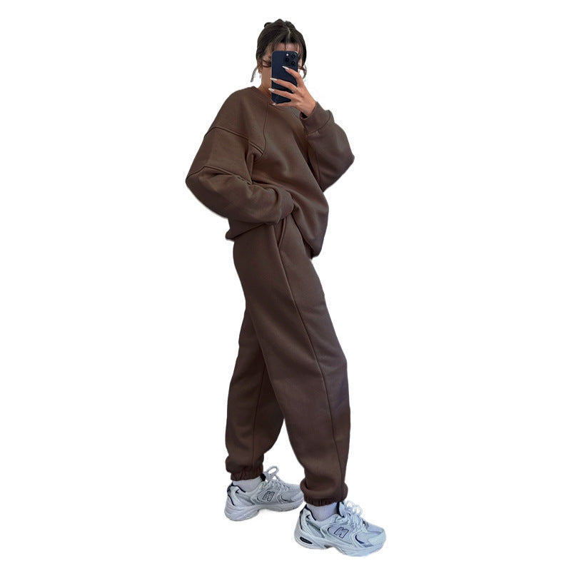 Solid Color Round Neck Long Sleeve Sweatshirt Women's Fashion Casual Loose Pants Suit