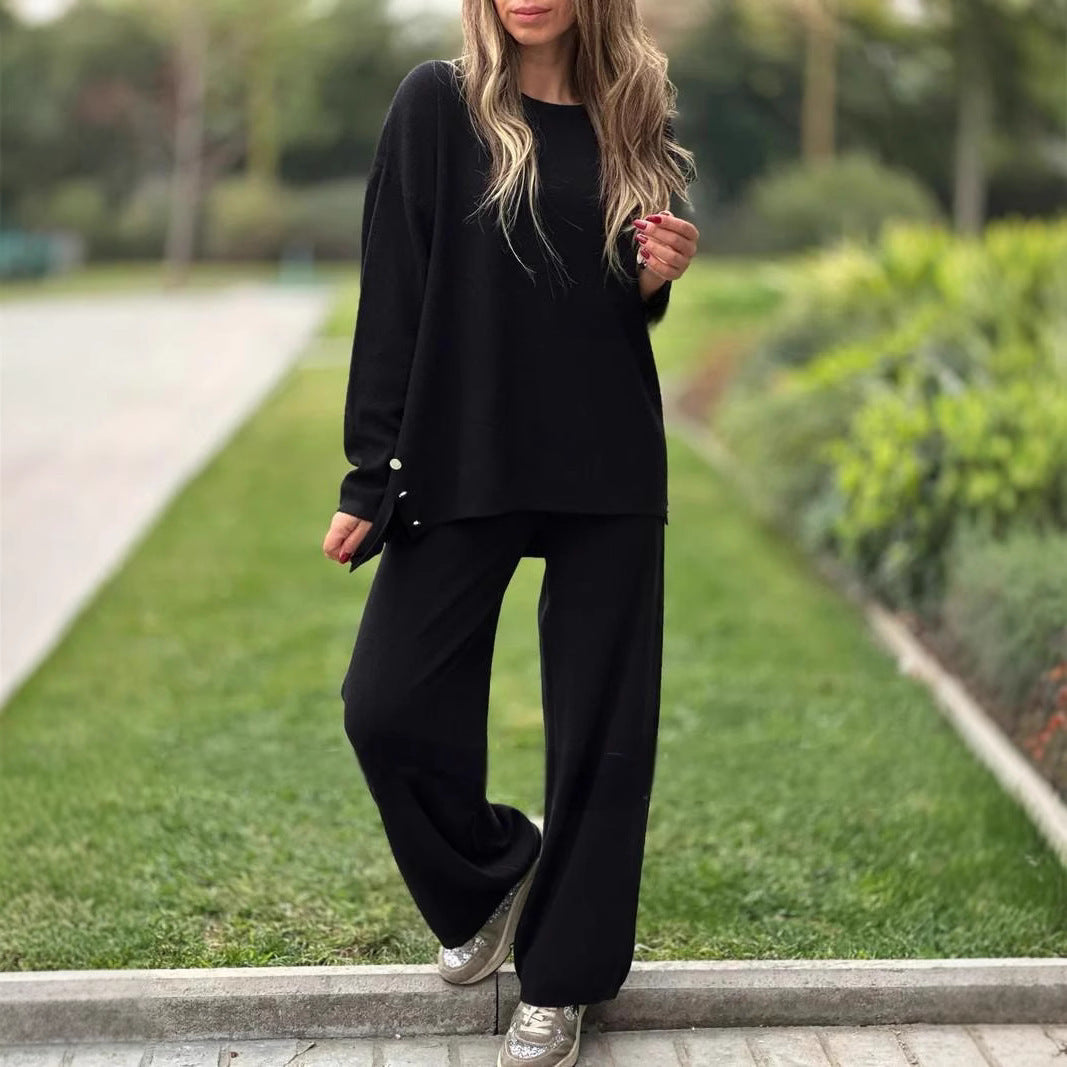 Solid Color Split Casual Wide-leg Pants Round Neck Long Sleeve
