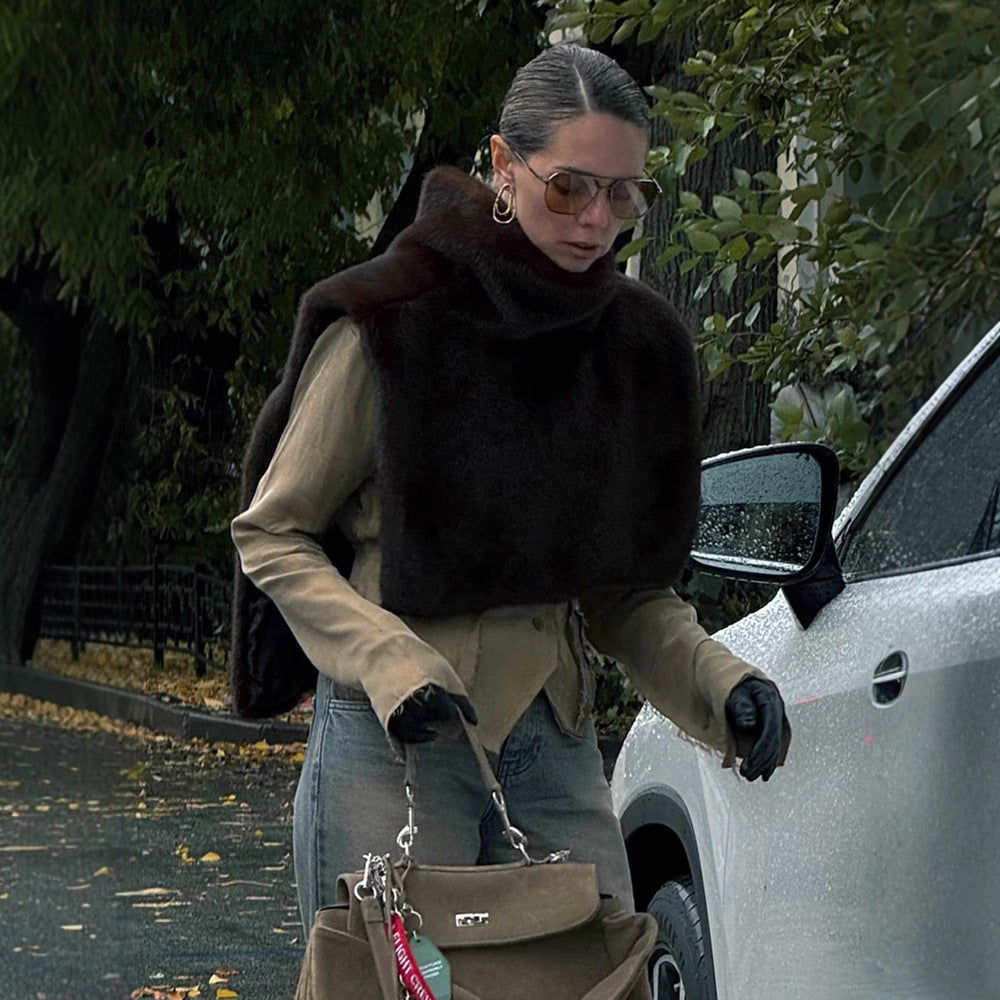 New Solid Color Half Turtleneck Sleeveless Fur Vest For Women