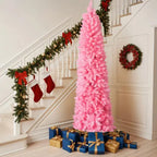 7.5 FT Hinged Christmas Tree, Artificial Pencil Christmas Tree, Unlit Artificial Christmas Pine Tree With 1075 Branch Tips And Sturdy Stand, Pink - The Premium