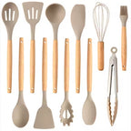 Non-Stick Silicon 12 Pcs Heat Resistant Wooden Handle Kitchen Cooking Utensils Set, Khaki Color