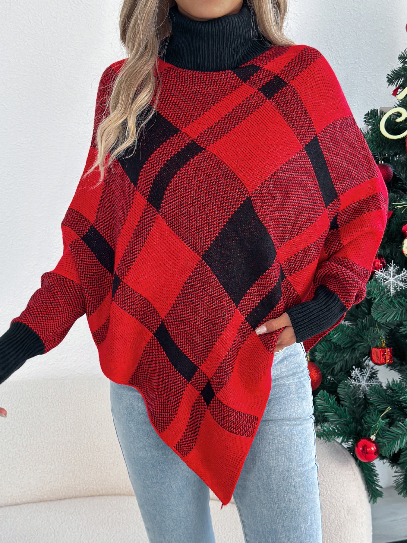 Casual Color Block Plaid High Neck Long Sleeve Poncho Sweater