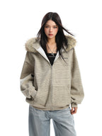 American Striped Detachable Big Fur Collar Hooded Sweater