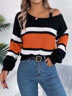 Casual Color Block Striped Lantern Sleeve Metal Button Off-Shoulder Pullover Sweater