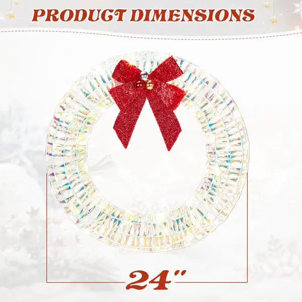 24in Pre-lit Iridescent Outdoor Christmas Wreath Decoration, Lighted Metal Wreath With Red Bow, Warm White LED Lights, For Front Door Gate Wall Indoor Outdoor Holiday Party - The Premium