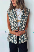 Brown Leopard Print Front Open Jacket Vest