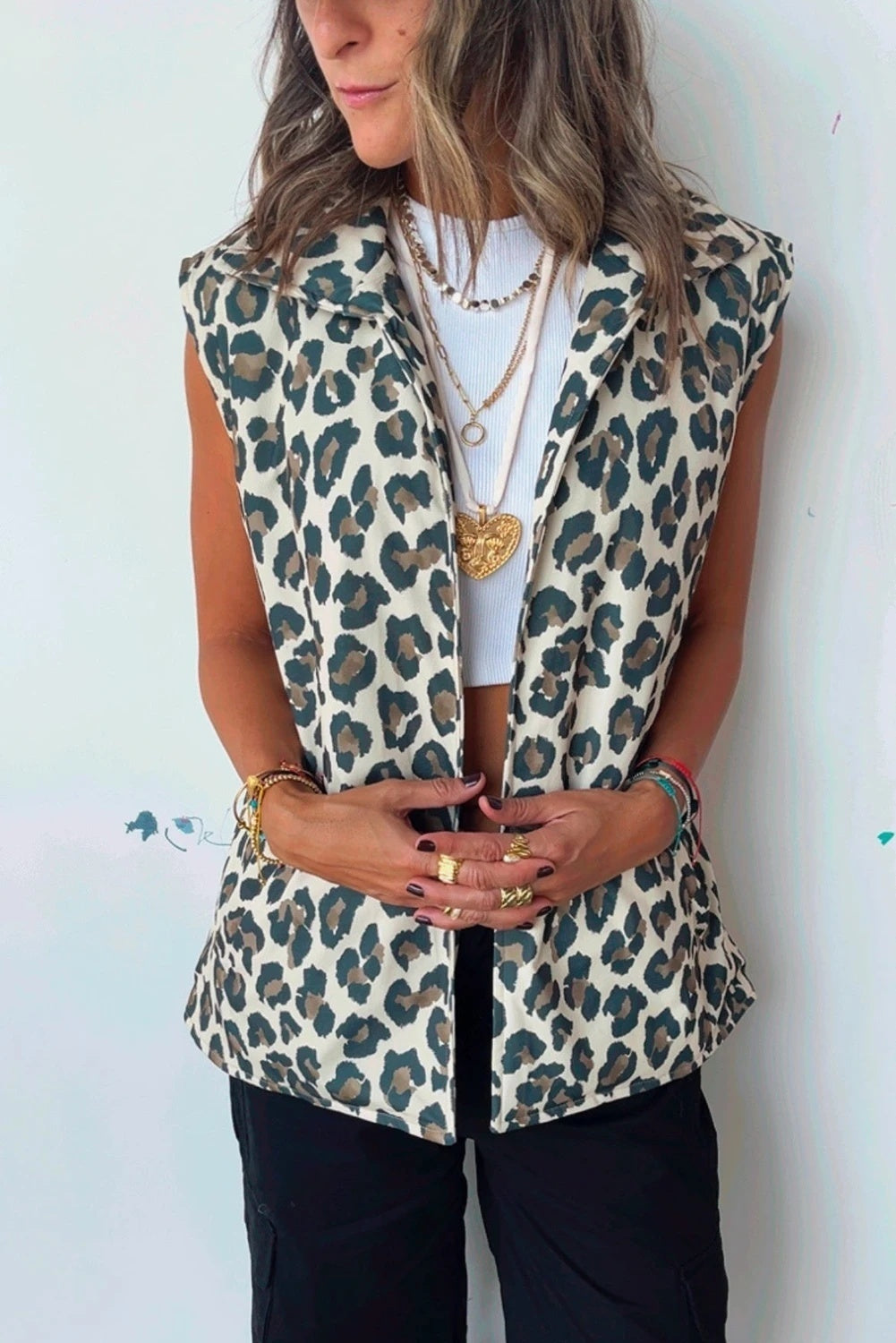 Brown Leopard Print Front Open Jacket Vest