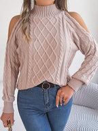 Casual Cable Knit Off-Shoulder Half Turtleneck Long Sleeve Pullover Sweater